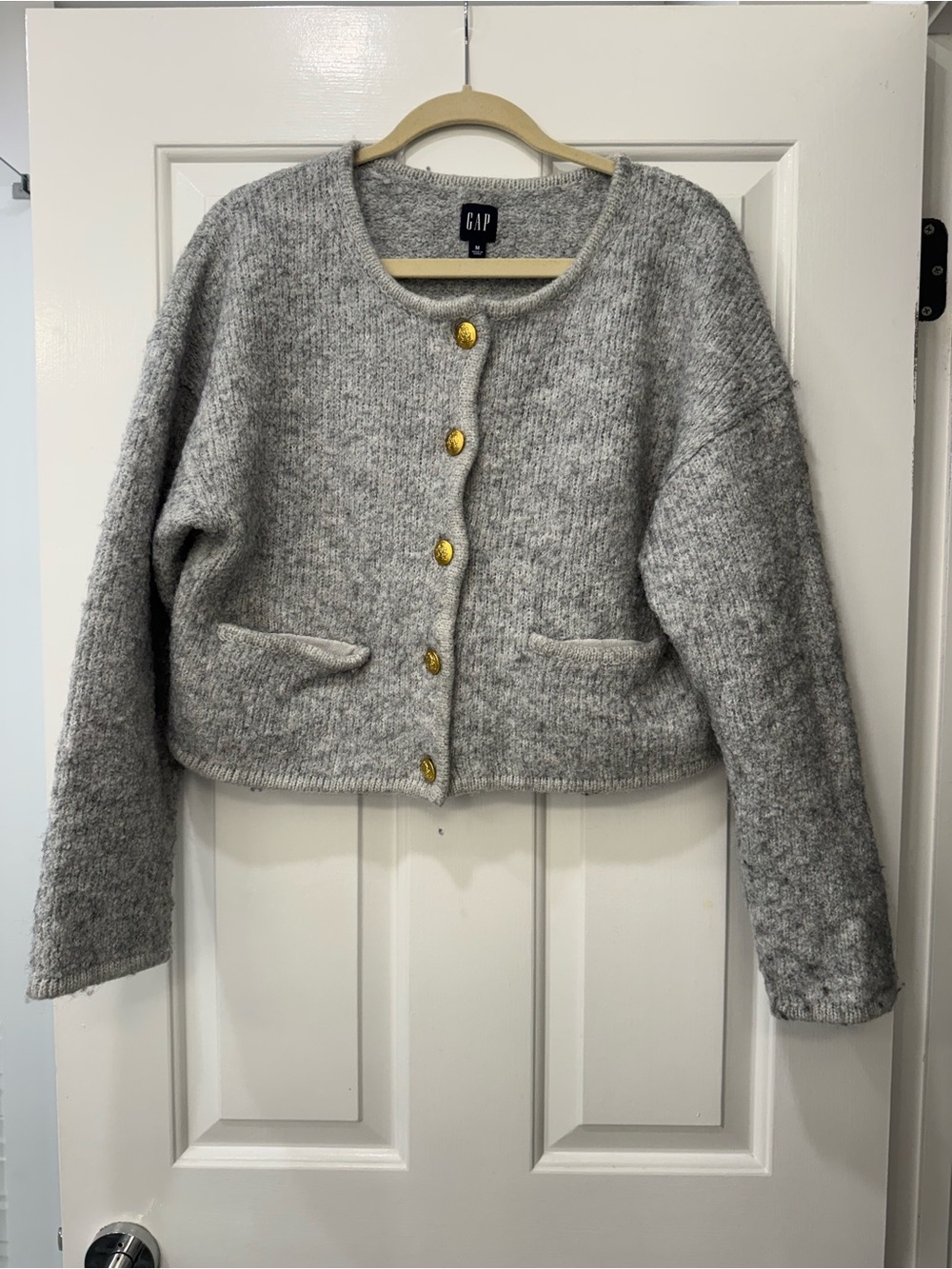 GAP Gray Cropped Button-Front Knit Cardigan with Gold Buttons